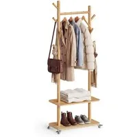 VASAGLE Garderobenständer Kleiderständer, Flur, Schlafzimmer, Wohnzimmer, Haken und Stange aus Massivholz