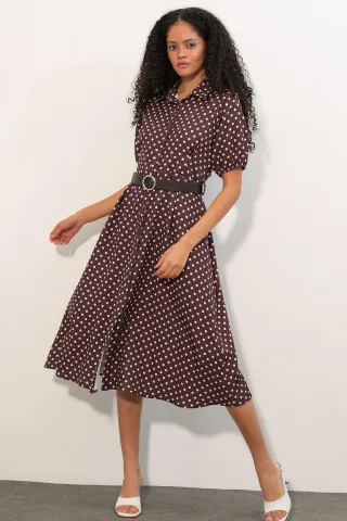 Punkte-Muster Gürtel-Midi-Hemdkleid
