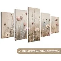 MuchoWow Leinwandbild Blumen - Beige - Modern - Rosa, Fotodruck (5 St), Wand Bilder 5 Set, Deko Schlafzimmer Wohnzimmer Flur 100x50 cm