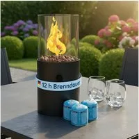 TOM Tischfeuer Tischkamin mit Gas mit 3x 190g Gas-Kartuschen, 12h Brenndauer, Dekosteine, Rund, Outdoor, Indoor