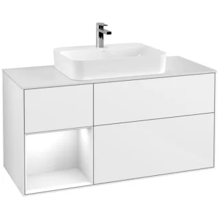 Villeroy und Boch Finion Waschtischunterschrank G411GFGF 120cm, Abdeckplatte white matt, Emotion, Regal links Glossy white lacquer, Glossy white lacquer
