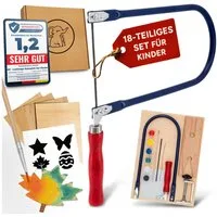 Eli Kinder-Werkzeug-Set Laubsäge für Kinder - inkl Vorlagen - Laubsägeplatten - Farbe - Pinsel, (Schleifpapier und kreative Schablonen, 18-tlg., Geschenkidee Junge und Mädchen), STARKES GESCHENK