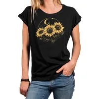 MAKAYA Kurzarmshirt Damen Blumenprint Sonnenblumen Mond Sterne Flower Power Hippie Top (Schwarz, Blau, 34, 36, 38, 40, 42, 44, 46, 48, 50) aus Baumwolle