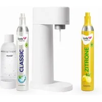 SodaTASTE Wassersprudler SodaTASTE Sparangebot: Woody Wassersprudler Weiß + CO2-Aroma Zylinder, Biokomposit-Sprudler, 2x CO2 (1x Aroma), 1L Flasche, stromlos