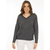 Zwillingsherz Sweatshirt "Positive Mind" ausgefranster V-Ausschnitt, Used Look, Langarm, Schriftzug