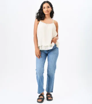 Beige Diamantenbesatz Doppellagiges Plissee-Cami