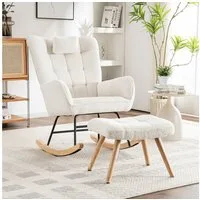 STILVORA Schaukelstuhl mit hocker Schaukelsessel mit Kopf,Relaxsessel aus Teddy-Samt,Weiß (Loungesessel, 2 St), mit stabiles Gummifußgestell, Kopfkissen und Fußhocker