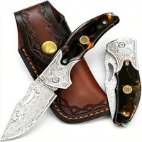 KingLux Damastmesser Damast Taschen Klappmesser Outdoor Messer Jagdmesser mit Lederscheide