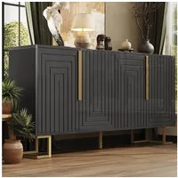 HAUSS SPOLE Sideboard einzigartiges geometrisches Design und goldene Griffe und Füße Schwarz (Elegantes Sideboard mit geometrischem Design, goldenen Akzenten und Kippschutz)