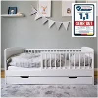 Kids Collective Kinderbett 70x140 cm mit Schublade, Lattenrost und Rausfallschutz in weiß, mit Bettkasten, Made in Europe, Junior-Bett bis zum 6. Lebensjahr
