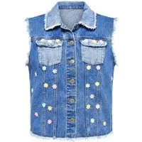 MIAMODA Steppweste Jeans-Weste Loose Fit Blüten-Applikationen