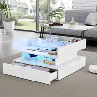 Merax Couchtisch höhenverstellbar Sofatisch Hochglanz Beistelltisch mit LED-Beleuchtung (80 x 80 x 45 cm, 1-St., Tischplatte aus gehärtetem Glas und Spanplatte), Wohnzimmertisch mit 2 Schubladen, verstecktem Stauraum und Ablagefach