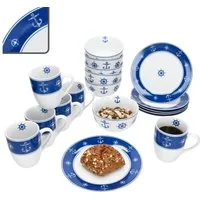 MamboCat Frühstücks-Geschirrset MamboCat Ahoi 18tlg maritimes Frühstücksset Teller Schale Becher, Porzellan