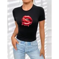 RMK T-Shirt Damen Shirt Top Sommer Basic Lippen Kussmund Graffiti