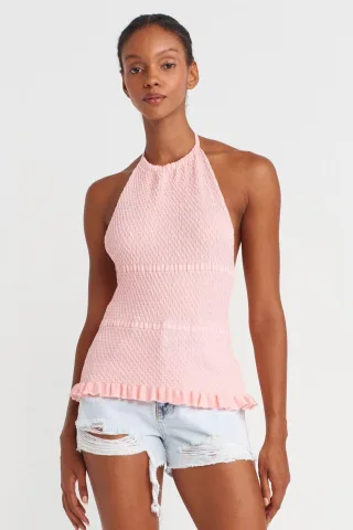Schlanke Passform Halterneck Strickbluse