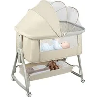 JEOBEST Beistellbett 3 in1 Babybetten mit Rollen, Beistellbett Baby mit Moskitonetz, (6 Fach Höhenverstellung und Neigungsverstellung)mit Aufbewahrungskorb