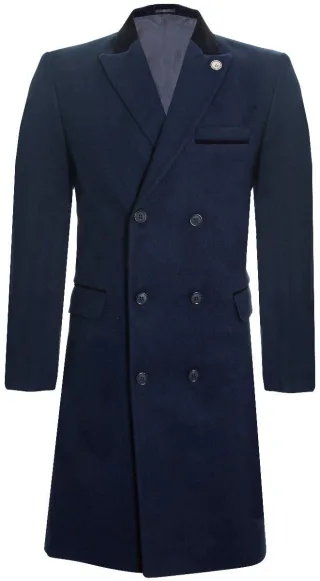 Herren 3/4 langer zweireihiger marineblauer Crombie-Mantel aus Wollmantel Peaky Blinders