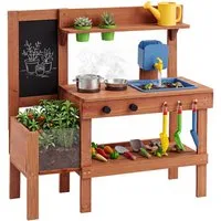 COSTWAY Outdoor-Spielküche Holz, Mit Pflanzkasten, Tafel, Spülbecken & Wasserhahn