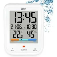 ADE Badezimmeruhr Duschuhr, IP65 wasserdicht, mit Duschtimer, Thermometer & Hygrometer (Baduhr mit Countdown, Uhrzeit & Datum, inkl. AAA Batterien)