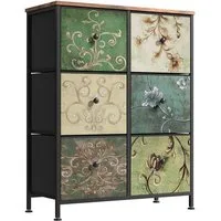 FUROKOY Kommode Vintage Stoffkommode Sideboard mit klappbaren Stoffschubladen (Mehrzweckschrank Aufbewahrungsschrank Holzoptik, Retro-schubladenschrank für Arbeitszimmer Flur Wohnzimmer Schlafzimmer), 6 Stoffschubladen