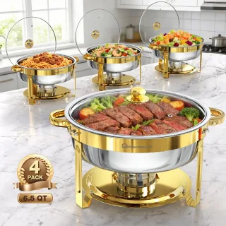 WARMOUNTS 6.5QT Gold Chafing Dish Buffet Set 2/4/6 Pack Round Stainless Steel Food Warmers with Glass Lid & Lid Holder S
