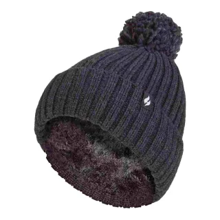Damen Rippstrick-Mütze mit Umschlag und Thermoisolierung, Winter-Pompon-Haube