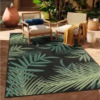 Vimoda Outdoorteppich Teppich wasserresistent In- und Outdoor Kurzflor Palmen Muster, Rechteckig, Höhe: 4.5 mm, Outdoorteppich Grün & Schwarz für Terrasse Balko schnell trocknend