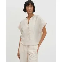 someday Kurzarmbluse Kragenlose Bluse aus Leinen Mix Loose Fit Kellerfalte und Knopfleiste für Alltag
