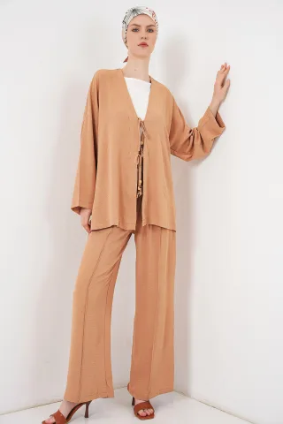 Strukturiertes V-Ausschnitt Langarm-Cardigan- und Hosen-Set