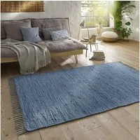 TaraCarpet Teppich Flickenteppich TaraCarpet Sylt mit Fransen, rechteckig, Höhe: 5 mm, Wohnzimmer Schlafzimmer Küchenteppich blau 090x160