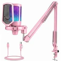FIFINE Mikrofon USB Mikrofon Streaming mit Arm Kondensator Mikrofon Set PC Gaming RGB, Stummschalttaste, Popfilter und Stoßdämpferhalterung, Pink