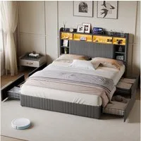 ADWOLT Polsterbett Doppelbett Stauraumbett Mit Stauraum (Packung), 140x200 cm,4 Schubladen,LED-Licht und USB + Typ-C,Leinenstoff-Grau