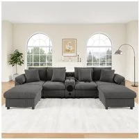 REDOM Wohnlandschaft Inklusive Konsole mit Bluetooth & USB, Wireless Charging, Stauraum & Getränkehalter 1 Teile, Geräumiges Sofa 315,5x144x84,5 cm in Grau