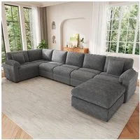 Merax Ecksofa XXL U-/L-Form Modulsofa 7-Sitzer Sofa mit Hocker, 274,5 x 210,5 x 85,5 cm 1 Teile, Cord Ecksofa Wohnlandschaft mit Kissen, flexibel kombinierbar Couch