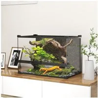 PawHut Terrarium mit Frontbelüftung, Steinrückwand, ausbruchsicherer Drehverschluss, für Amphibien, Spinne, Schwarz, 50 x 30 x 35 cm