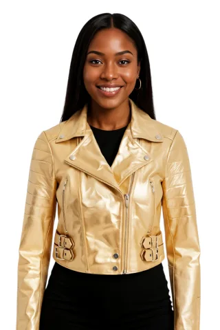 Goldene, kurze Brando-Bikerjacke aus Leder für Damen – Bellville