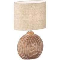 FISCHER & HONSEL LED Nachttischlampe, LED wechselbar, Warmweiß, Lampen-Fuß Keramik Holz-Optik, Lampenschirm Leinen oval, 39cm klein