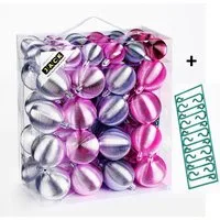 JACK Christbaumschmuck JACK by Inge 50x Kunststoff Kugeln Pink Silber Christbaumkugeln Rille, Inkl. Haken, Rillenoptik aus Kunststoff Ø 4 + 6 cm, Aufbewahrungsbox