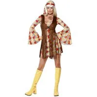 Smiffys Hippie-Kostüm Retro Kleid - Karneval Faschingskostüme Damen, Buntes Retro Damenkostüm mit Hippie-Charme