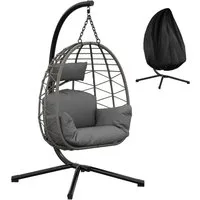 GarveeMore Hängesessel mit Gestell für Outdoor & Indoor,Polster & Schutzabdeckung, Rattan Hängestuhl mit Stahlgestell,bis 150 kg belastbar