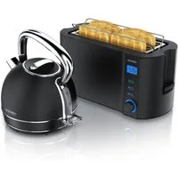 Arendo Frühstücks-Set Edelstahl Wasserkocher 1,7l, 4-Scheiben Langschlitz Toaster, schwarz (2-tlg), Vintage Wasserkocher Temperatureinstellung, Toaster Brötchenaufsatz