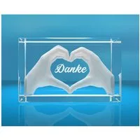 VIP-LASER Dekofigur 3D Glasquader I Herz aus Händen mit Gravur I Text: Danke, Hochwertige Geschenkbox, Made in Germany, Familienbetrieb