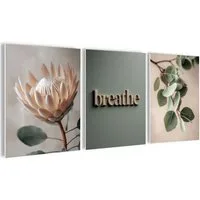 artissimo Mehrteilige Bilder Wandbilder-Set 3er-Set / Japandi Wanddeko / Wohnzimmer, Blumen und Blüten: Protea und Eukalyptus in salbei-grün beige