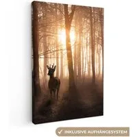 OneMillionCanvasses® Leinwandbild Wald - Hirsche - Sonne - Bäume - Winter - Natur - Tiere, Fotodruck (1 St), Leinwand Canvas Wandbild, Wanddekoration 20x30 cm