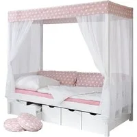 Ticaa Himmelbett Himmelbett "Rosa" 310 Kiefer Weiß (Rosa/Weiß, Oberer Teil abnehmbar und als Einzelbett stellbar