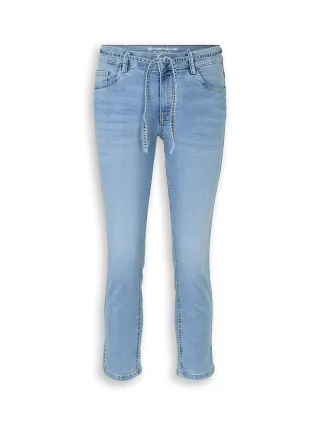 Tom Tailor - TTLENE SLIM CROPPED Stretch Jeans mit Bindegürtel clean light stone blue denim - Gr. - 26