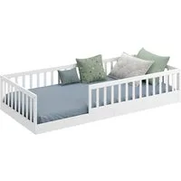 CADANI Kinderbett Timi Bodenbett bis 200 kg belastbar mit abnehmbarem Rausfallschutz (90x200 cm, Montessori Kinder- & Jugendbett aus Kiefer Massivholz), inkl. stabilem Roll-Lattenrost, Weiß