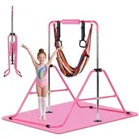 Hausright Turnreck Gymnastikstange für Kinder, Turnstange ab 3 Jahre, 88-128cm, (Gymnastikstange mit Gymnastikmatte, Reckstange, Matte, Polster, Schaukel & 2 Ringen), Verstellbaren Höhen Faltbare Reckstange Reckanlage