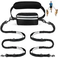 Ledander Joggingleine Hunde mit Bauchgurt,mit Leine für mittelgroße und große Hunde, Doppel-Leinen-Set, Joggingleine Freihändige,Leine Hund mit Gürteltasche, Reflektierend