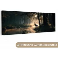 OneMillionCanvasses® Leinwandbild Panorama Hirsche - Waldbach - Mystisch, Fotodruck (1 St), Wandbild, Deko Schlafzimmer Wohnzimmer Flur 60x20 cm